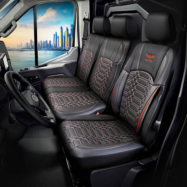 Auto Sitzbezüge für VW T5 T6 T6.1 maßgeschneidert 2+1 Sitzbank in Schwarz  Rot
